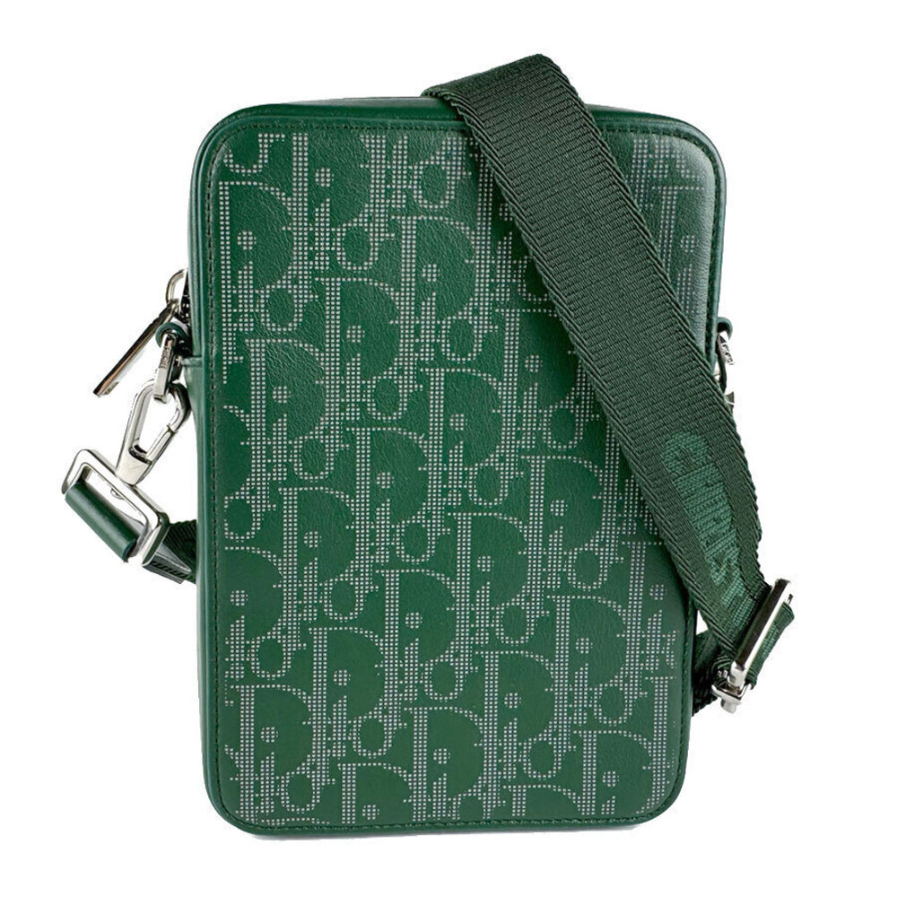 Christian Dior Crossbody Bag Leather Canvas Green Silver